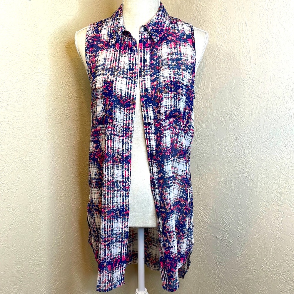 Wishful Park Blue & Pink Plaid Sleeveless Button Down Top/ Cover up
